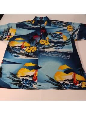 Koman Sports Palm Tree Print Hawaiian Button UP Men's Shirt Short Sleeve Size XL